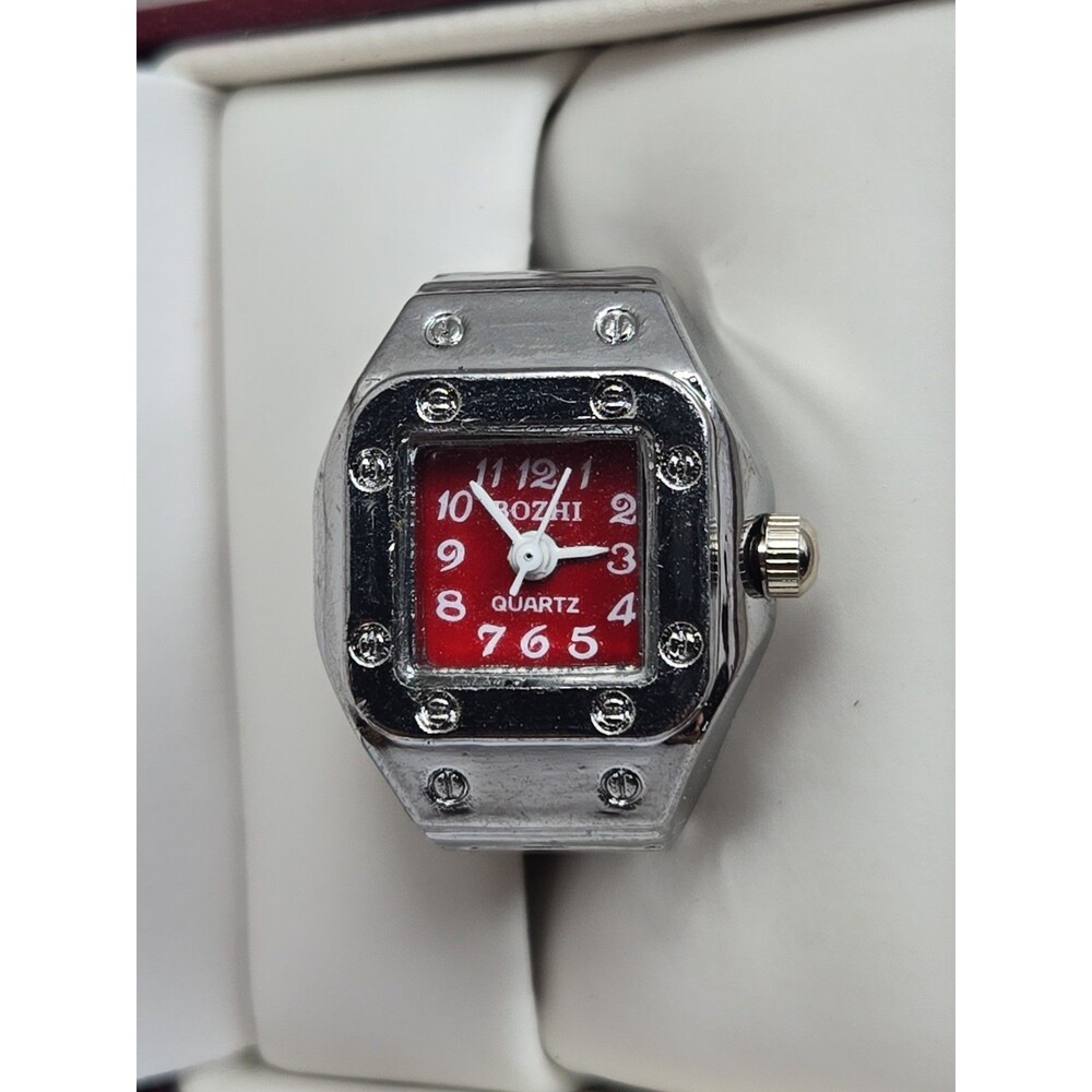 Bozhi Square Ring Watch Red Dial Silver Tone Quartz Fashion Jewelry New Battery